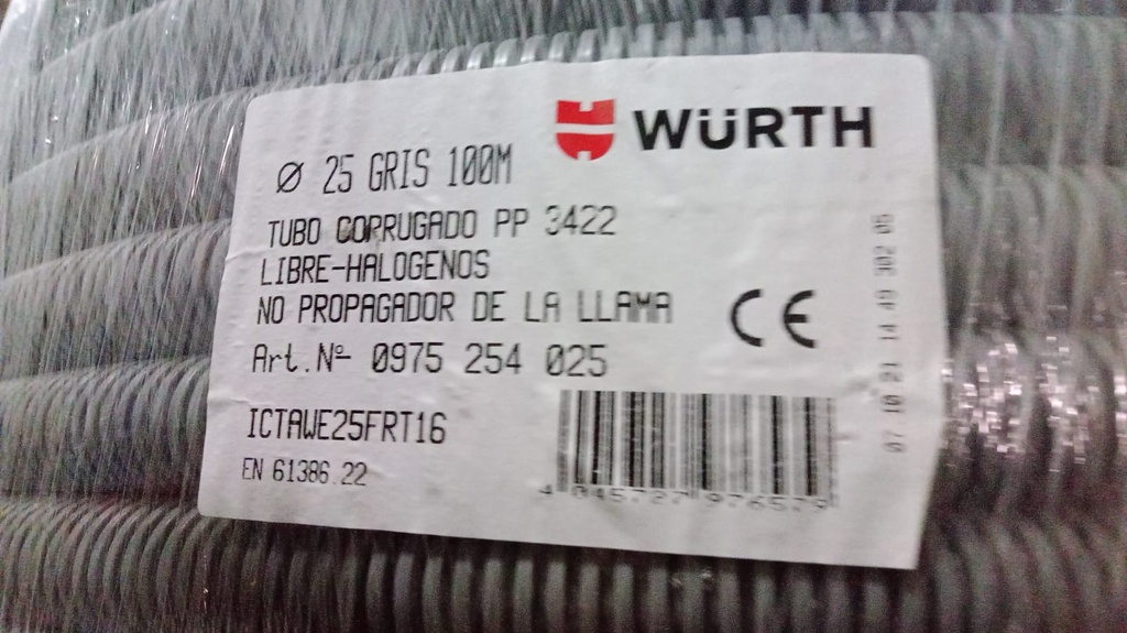 METRO TUBO CORRUGADO 25mm GRIS LIBRE DE HALÓGENOS(R 100mts)