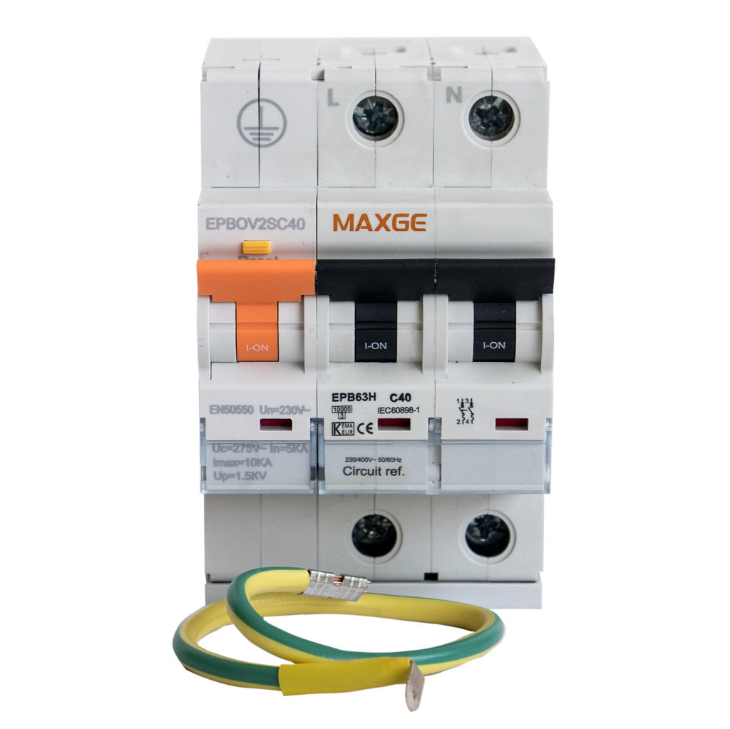 PROTECTOR COMBINADO ALPHA MAXGE + SOBRETENSIONES P+T 2POLOS 63A CLASE C 15kA EN50550