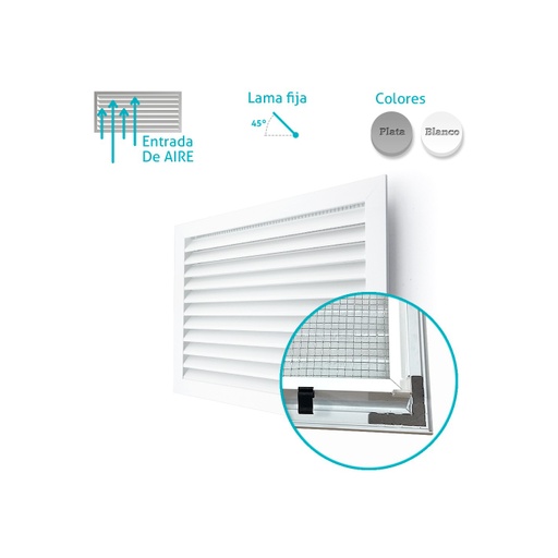 [VRE0146] TOMA DE AIRE EXTERIOR CON MALLA, ALETA ANTILLUVIA FIJA A 45º 800X1000 rejilla en aluminio