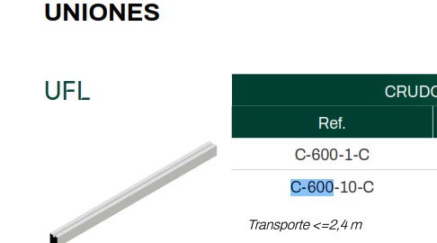 [SES0312]  EMPALME UNION p/perfiles  C-600-10-C SUNFER
